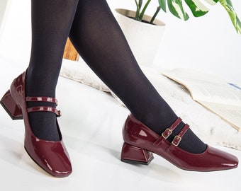 Mary Jane Shoes, Red Cherry May Janes, Block Heel Mary Janes, Burgundy Mary Janes, Burgundy Mary Jane Shoes, Red Patent Mary Jane Shoes