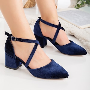 Blue Criss Cross Shoes, Dark Blue Velvet Shoes, Wedding Shoes, Bridal Shoes, Blue Block Heels, Velvet Wedding Heels, Blue Wedding Flats