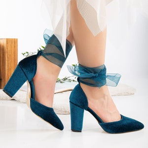 Teal Blue Velvet Shoes, Teal Blue Heels with Ribbon, Wedding Shoes, Bridal Shoes, Closed Toe Heels, Ribbon Bridal Heels, Teal Blue Pumps