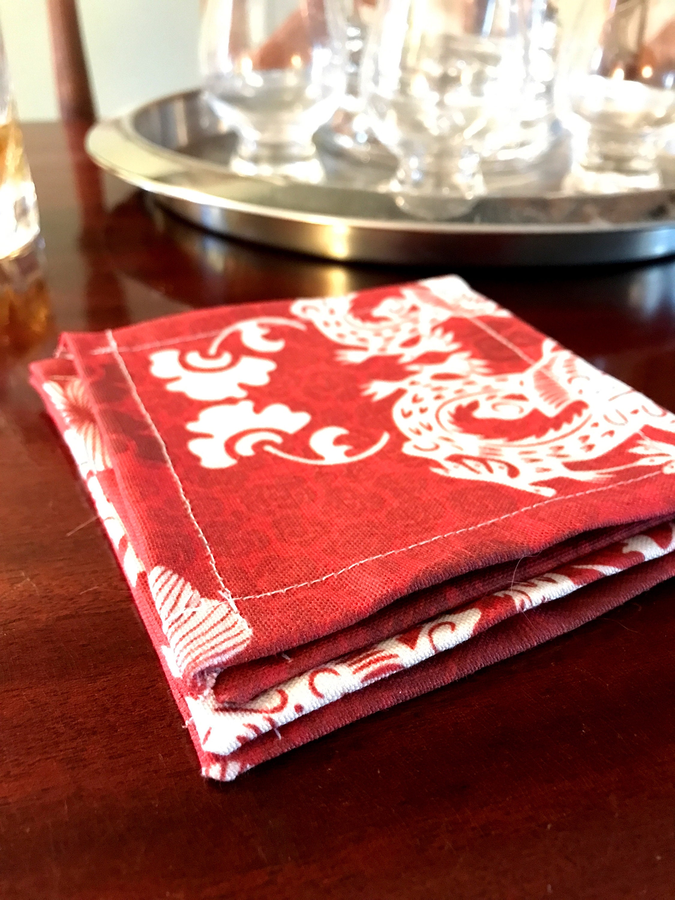 Dragons damask fabric cocktail napkin set of 4 in red white Etsy
