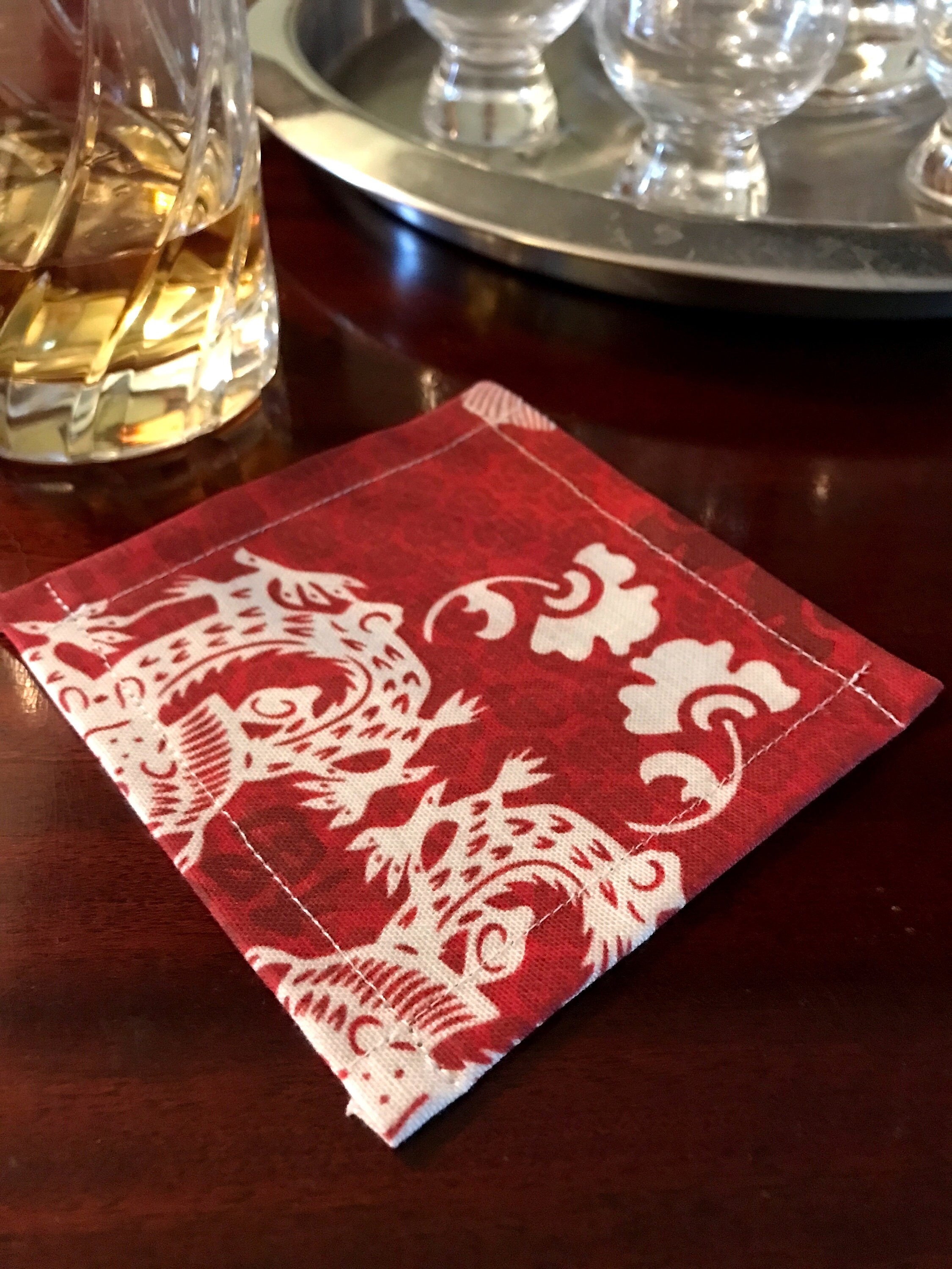 Dragons damask fabric cocktail napkin set of 4 in red white Etsy