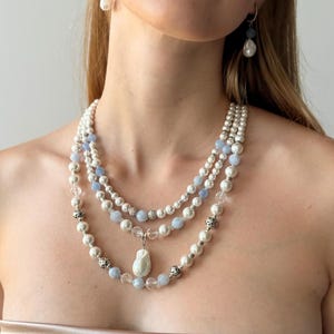 Aquamarine Necklace, Baroque Faux Pearl Jewelry, Anniversary Gift for Women, Big Bold Statement Necklace for Her, Light Blue Necklace