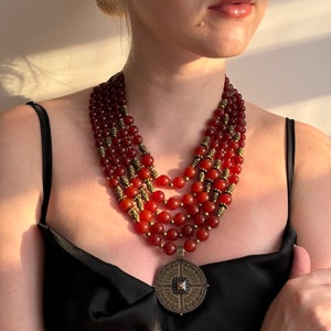 Carnelian necklace, Ethnic necklace, Multi-strand necklace, Gift for grandmother, Necklace with a pendant, Royal jewelry, Gift idea for mom