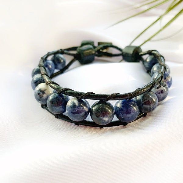 Genuine leather bracelet with sodalite stone Blue stone clasp on laces Bracelet made of natural stone Unisex bracelet Boho Leather Jewelry