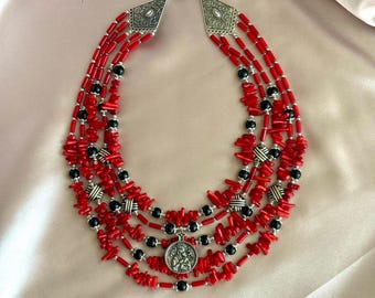 Red Coral Multi Strand Necklace, Ukrainian Ethnic Jewelry, Elegant Necklace Made of Small Beads,Gift Idea For Grandmother,Mother's Day Gift