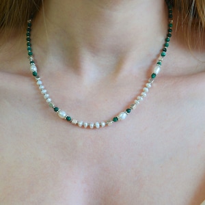 Genuine Malachite Necklace, Pearl necklace,Green Choker,Ukrainian Necklace,Elegant Necklace Made of Small Stone,Malachite Statement Necklace