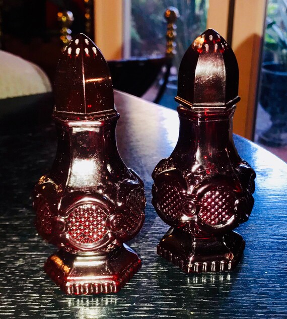 Avon Ruby Red Cranberry Glass Salt and Avon Ruby Red Cranberry Glass Salt and