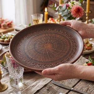 May include: A round, dark brown clay plate featuring a decorative embossed border pattern with a smooth, polished center. The plate has a natural, earthy finish and is held horizontally, showcasing its circular shape and detailed rim texture.