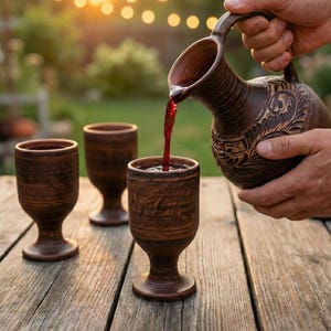 May include: A brown ceramic jug pouring red liquid into a goblet. Four other goblets are on a weathered wooden table. The jug and goblets have a rustic, handmade appearance, suggesting a set for serving beverages, possibly wine.