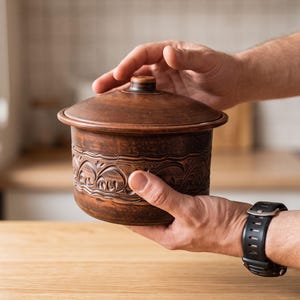 May include: A brown clay pot with a matching lid, featuring a decorative carved pattern around the centre. The cylindrical vessel has a smooth rim and a small knob on the top of the lid, showcasing a natural earthy texture and dark brown finish.