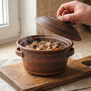 Peut inclure: Un pot en céramique brun fumant, rempli d'un ragoût avec des champignons et des carottes. Le couvercle est soulevé. Le pot est posé sur une planche à découper en bois, sur un tissu en lin. Le pot a des poignées décoratives et un bord à motifs.