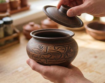 Handmade Clay Sugar Canister with Lid, Rustic Salt Cellar Pottery Dish