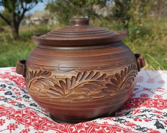 Handmade Ceramic Pot with Handles and Lid Red Clay Saucepan Ceramic Bread Baker Pan Pottery