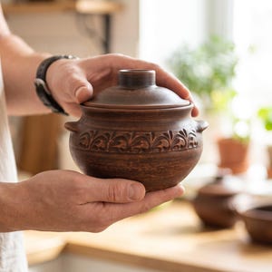 Casseruola in ceramica fatta a mano – Piccola pentola in terracotta con coperchio per cuocere al forno
