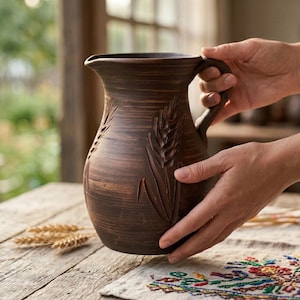 May include: A brown ceramic pitcher with a handle, featuring wheat stalk carvings. The pitcher is held by hands, resting on a wooden table with a decorative cloth. The background is blurred, suggesting an outdoor setting.