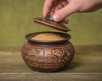 Pot à sel en terre cuite avec couvercle : boîte à sucre rustique, petit pot à épices en céramique, sucrier