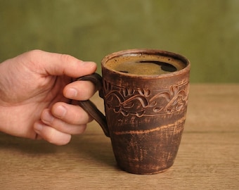 Clay Tea Cup 350 ml: Handmade Red Clay Mug for Tea or Coffee, Rustic Pottery Drinking Cup