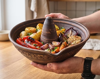 Ceramic Chicken Roaster: Rustic Clay Baking Dish, Roasting Pan, Dutch Oven Cookware