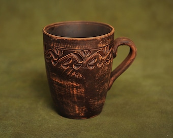 Ceramic Cup Hand-Engraved Red Clay Glassful Decor Ethno Drinking Glass Pottery Organic Ceramics Tumbler Ceramic Ethnic