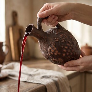 May include: A brown ceramic pitcher with a handle is pouring a stream of red liquid. The pitcher is decorated with a grape and vine pattern. The background includes a wooden table and other ceramic items.