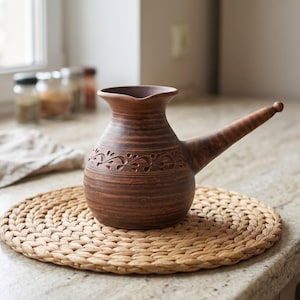 May include: A brown clay coffee pot with a wide, rounded base, a narrow neck, and a long, tapered handle. The body of the pot features a horizontal band of carved, repeating leaf-like patterns encircling the center, with a smooth, dark finish.