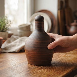 Könnte beinhalten: Eine handgefertigte, braune Keramikflasche mit rundem Körper und kleinem, rundem Verschluss. Die Flasche hat eine strukturierte Oberfläche und wird von einer Hand gehalten. Der Hintergrund umfasst eine Holzoberfläche, ein Fenster und andere Keramikgegenstände.