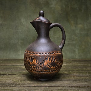 Rustic Ceramic Jug for Wine and Water Handcrafted Pitcher with Lid Clay Vessel