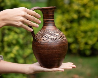 Handmade Ceramic Wine Pitcher: Engraved Stoneware Clay Jug