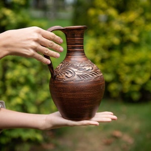 Handmade ceramic pitcher wine lover gift stoneware engraved pitcher earthenware clay pot for water jug with handle unglazed pottery