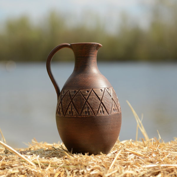 Terracotta Wine Jug Handmade Clay Vessel for Water, Juice, Milk, Vodka Handcrafted Ceramic Pitcher Tequila Jugful