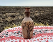 Clay Water Bottle Handmade Terracotta Flask Eco-friendly Ceramic Amphora for Wine Juice Vodka with Lid Unique Print