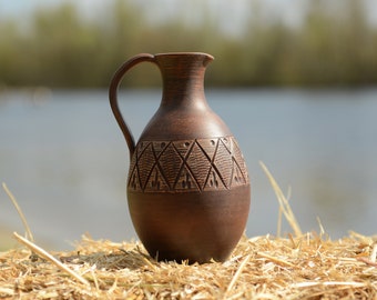 Terracotta Wine Jug Handmade Clay Vessel for Water, Juice, Milk, Vodka Handcrafted Ceramic Pitcher Tequila Jugful