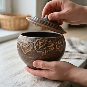 May include: A round, dark brown ceramic jar with a textured, carved leaf-like pattern on the exterior. The jar features a matching removable lid with concentric circular ridges on top, showcasing a rustic, earthy finish and a deep, dark interior.