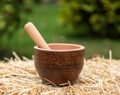 Handmade Clay Mortar with Wood Pestle Unglazed Eco Pottery Spice Mortar
