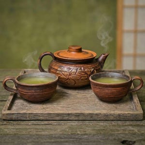 Peut inclure: Un service à thé rustique avec une théière en céramique marron et deux tasses assorties remplies de thé vert, présenté sur un plateau en bois. La théière a un couvercle et des sculptures florales. De la vapeur s'élève du thé.