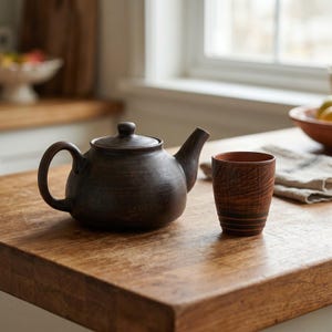 Servizio da tè giapponese in ceramica: teiera fatta a mano con tazza in terracotta rustica.
