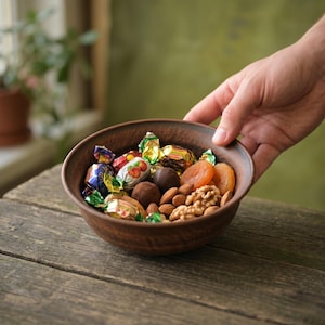 Può includere: Una ciotola di ceramica marrone piena di un assortimento di caramelle, albicocche secche, mandorle e noci. La ciotola è tenuta da una mano e poggia su una superficie di legno stagionato. Le caramelle sono in involucri colorati.