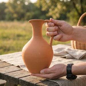 May include: A terracotta-colored pitcher with a handle. The pitcher has a rounded body and a narrow neck. It is held by two hands, with a blurred background of a wooden table, a basket, and greenery.