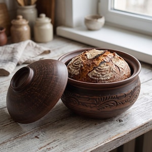 May include: A dark brown clay pot with a matching lid, featuring an intricate carved leaf pattern around the exterior. Inside the pot sits a round, golden-brown loaf of crusty sourdough bread with a scored top, showcasing a rustic texture.