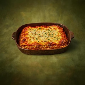 May include: A baked lasagna dish in a brown ceramic baking dish. The lasagna is layered with pasta, meat sauce, and cheese, with a golden-brown, bubbly cheese topping. Sprinkled with green herbs.