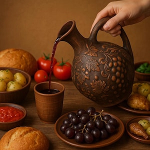 Könnte beinhalten: Ein brauner Keramikkrug mit Henkel gießt rote Flüssigkeit in eine passende Tasse. Der Krug ist mit einem Trauben- und Blattdesign verziert. Die Szene umfasst Tomaten, Trauben, Brot und kleine Schalen mit Essen auf einem Holztisch.