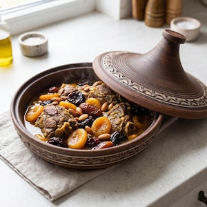 May include: A brown clay tagine with a conical lid featuring carved decorative patterns. The base contains a cooked stew with visible pieces of meat, bright orange dried apricots, dark prunes, and whole almonds in a light savory sauce.