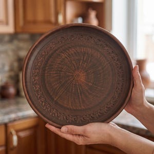 May include: A round, dark brown clay plate featuring a smooth, circular centre with visible radial texture lines and a wide, decorative border embossed with a repeating floral vine pattern along the outer rim of the earthenware dish.