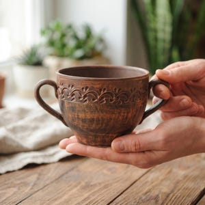 May include: A handcrafted brown ceramic mug with two handles and a decorative floral pattern around the rim. The mug is held in a person's hands, showcasing its rustic texture and design. The mug is on a wooden surface.