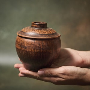 Puede incluir: Un pequeño recipiente de arcilla de color marrón oscuro, de forma redondeada y con su tapa a juego. La pieza presenta una superficie texturizada y terrosa con variaciones de color visibles, mostrando un acabado rústico y sin esmaltar.