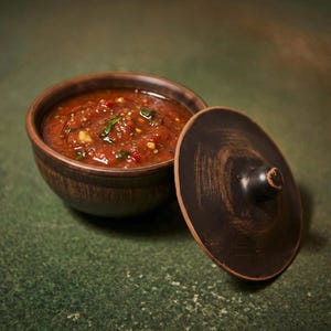 May include: A small, round, brown ceramic bowl filled with a red salsa. The salsa contains visible pieces of red pepper, herbs, and other ingredients. The bowl's lid is placed to the side. The background is a mottled green.
