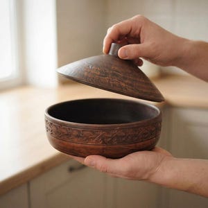 May include: A dark brown clay bowl with a matching conical lid. The bowl features a decorative carved band of repeating leaf patterns around the exterior rim. The surface of the clay has a natural, textured finish with visible variations in color.
