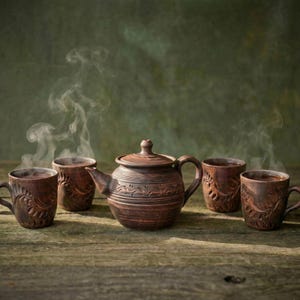 May include: A rustic brown ceramic teapot with a matching lid and four mugs, all with carved floral designs. Steam rises from the teapot and mugs, suggesting a hot beverage. The set is arranged on a weathered wooden surface.