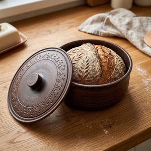 Könnte beinhalten: Ein brauner Brotbacktopf aus Keramik mit Deckel, der ein Brot enthält. Der Deckel ist leicht geöffnet und gibt die Kruste des Brotes mit einem Blattmuster frei. Der Topf steht auf einer Holzoberfläche.