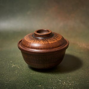 Op de afbeelding: Een bruine keramische kom met een bijpassende deksel. De kom en deksel hebben een textuur en een donkerbruine kleur. De deksel heeft een kleine, ronde handgreep aan de bovenkant. De kom wordt waarschijnlijk gebruikt voor het serveren of bewaren van voedsel.